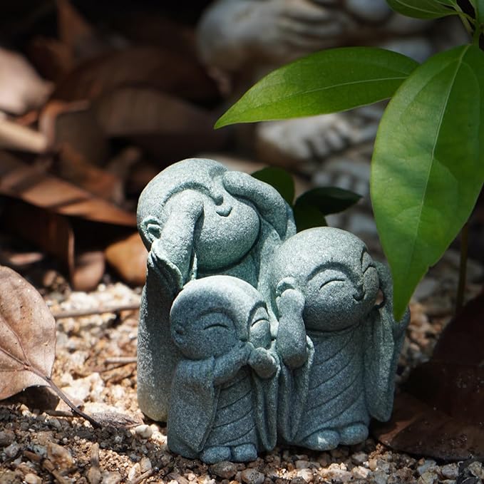 OwMell Japanese Jizo Monk Statue, Buddha Jizo Figurine Memorial Aquarium Statue Ornament - No Evil