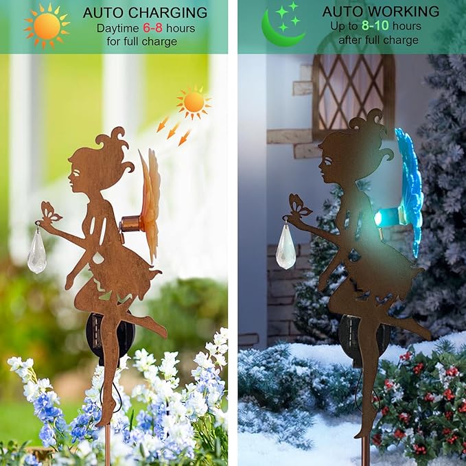 Solar Garden Fairy Statue with LED Lights, Metal Yard Art Outdoor Figurine for Patio Path Yard Decor