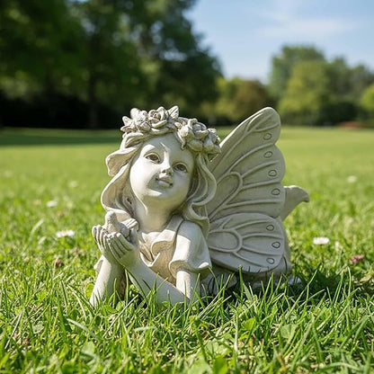 Lying Fairy Garden Statue with Bird – Resin Angel Figurine for Outdoor Garden Decor, Fairy Garden Sculpture for Yard, Patio or Flower Bed – 11" Garden Fairy Figurine