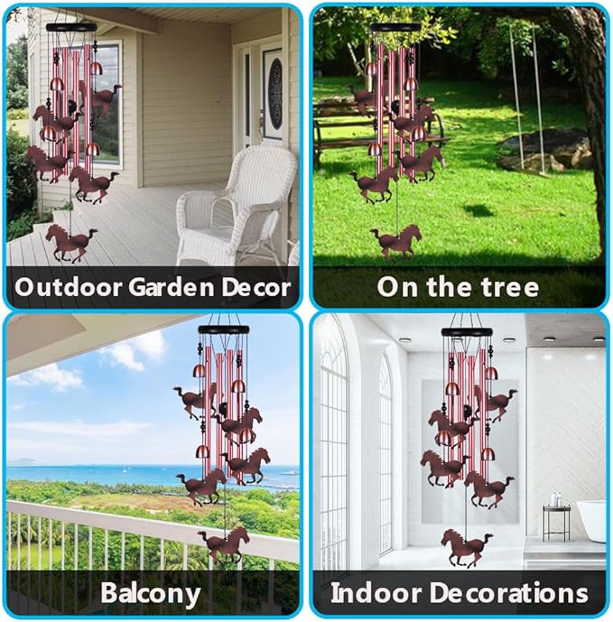 Outdoor Horse Wind Chimes Indoor Decor - Hand-Made Mobile Romantic Windcatcher, Horse Chimes, 28" Horse Wind Chimes for Home, Balcony, Tree, Patio, Garden Decoration, Gift for Mom(4 Tubes, 5 Horses)
