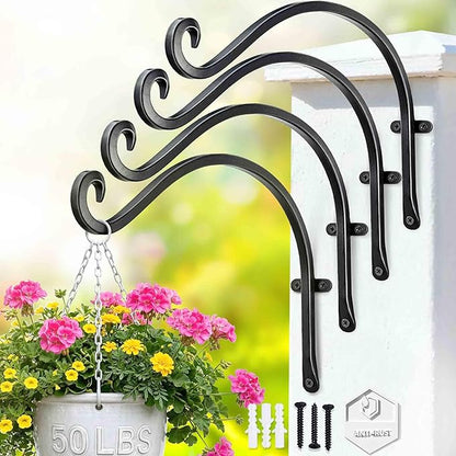 Qiang Ni Bird Feeder Hanger: 12-Inch 50 Lbs Wall-Mounted Plant Bracket Outdoor - 4 Pieces Black Plant Hooks for Hanging Flower Baskets
