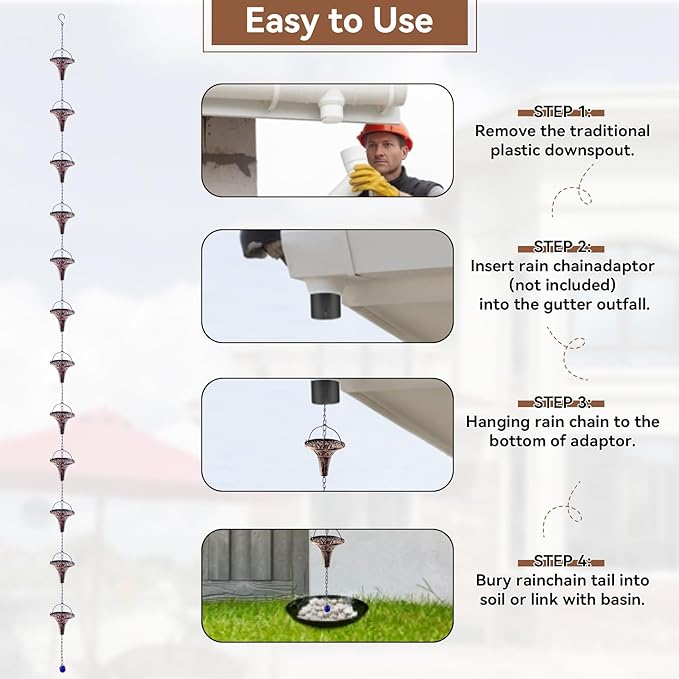 Rain Chains for Outside, 8.6FT Gutter Chain with 12 Funnel Cups Rain Catcher Chain Replacement Downspout for Gutters Eaves Drainage Decor, Copper