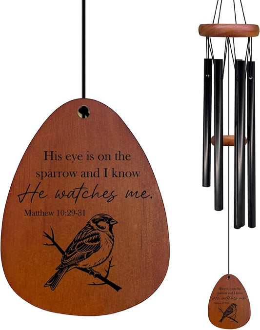 Christian Sparrow Wind Chimes, Sparrow Bird Picture Wind Chimes for Outside, Christian Religious Gifts for Women Men, His Eye is on The Sparrow Bible Verse Chime 26" Inches
