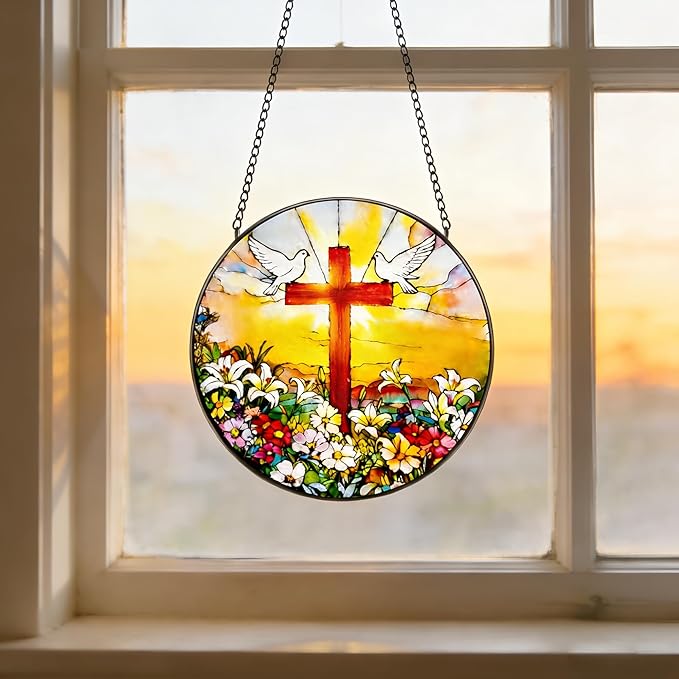 Stained Glass Window Hanging, 7.8 in Cross White Dove Suncatcher, Stained Glass Home Decor, Decorative Ornament Boho Wall Art, Ideal Gift for Mom Grandma Religious Christian Families