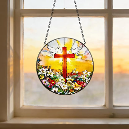 Stained Glass Window Hanging, 7.8 in Cross White Dove Suncatcher, Stained Glass Home Decor, Decorative Ornament Boho Wall Art, Ideal Gift for Mom Grandma Religious Christian Families