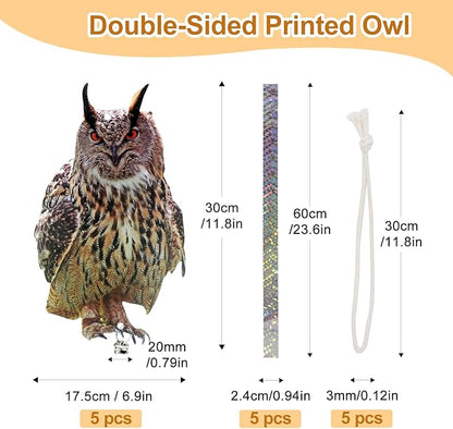 Fake Owl Hanging Decoration, Reflective Bird Scare for Garden Patio, Plastic Owl Deterrent with Reflective Tape to Scare Birds Away for Windows Tree