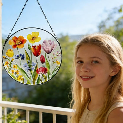 Tulip & Blossom Stained Glass Suncatcher, 9.8 Inch Stained Glass Window Hanging Watercolor Spring Flower Suncatcher for Indoor Outdoor Gifts for Mom, Women, Grandma, Wife