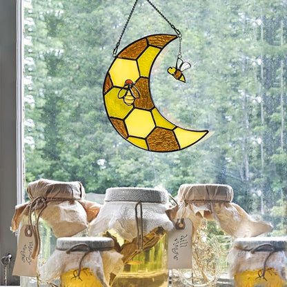 Bee Stained Glass Suncatcher for Window,Honeycomb Stained Glass Window Hanging Moon Decor,Bees Gifts for Women,Bee Lovers,Housewarming Gift,Honeybee Decor for Birthday Party