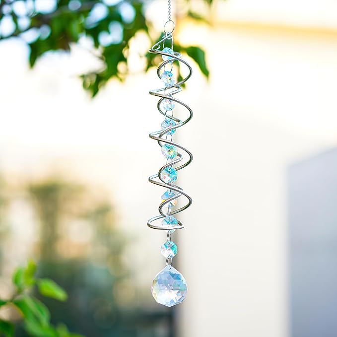 H&D HYALINE & DORA Gazing Ball Spiral Tail with AB Glass Ball Wind Spinner Spiral Hanging Rotating for Indoor Outdoor Decoration 20.5 Inch