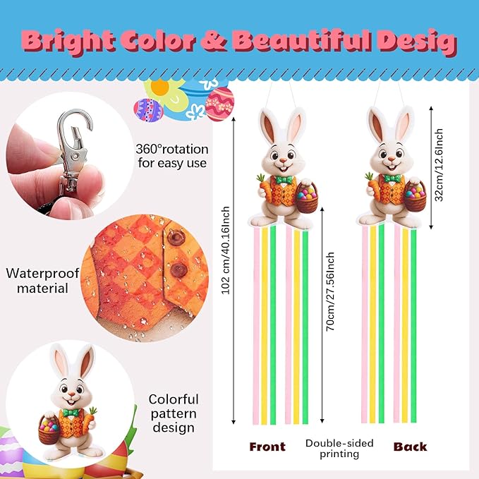 Soulchen Easter Bunny Windsock for Outside 40'' Windsocks for Easter Day Decorations Hanging Bunny for Farmhouse Garden Home Yard Decor