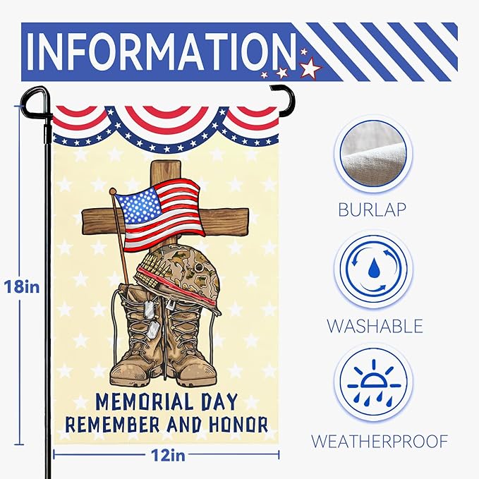 Memorial Day Garden Flag Veteran Burlap Double-sided Yard Flag Patriotic Boots Remember And Honor Brave Garden Flags Independence Day American House Banner Outdoor Decorations 12x18 Inch