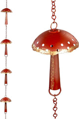 Evergreen Garden 6 Ft Rain Chain Outdoor Downspout Alternative – Red Mushroom Gutter Decoration for Porch, Yard, or Patio – Rustic Copper Look Water Feature for Home or Garden Decor