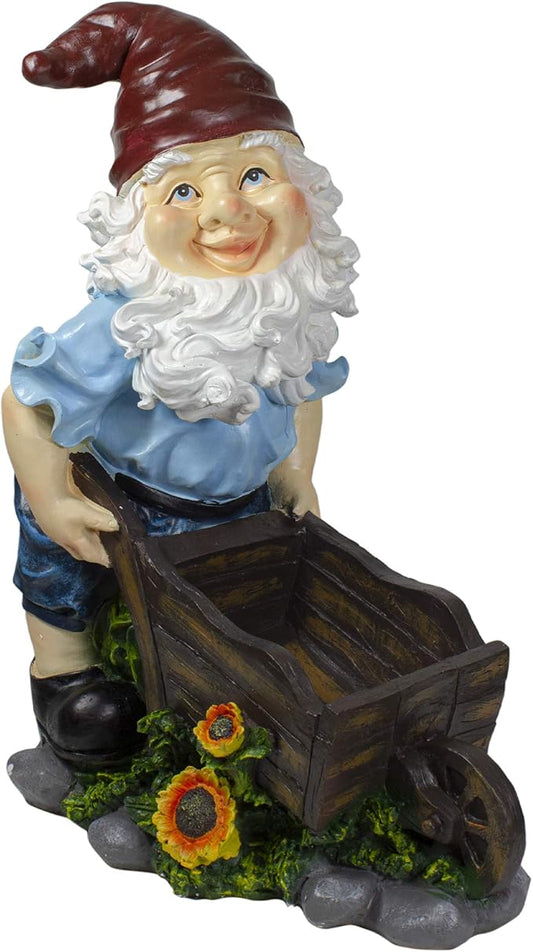 Northlight 20" Blue and Brown Wheelbarrow Gnome Outdoor Garden Statue
