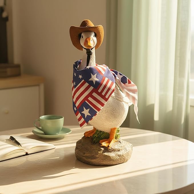 12" Real Farm Porch Goose Statue, Resin Yard Duck, Whimsical Outdoor Decor, Perfect for Garden, Patio, Backyard - Durable & Weather-Resistant, Accessorize with Cowboy Hat and Funny Scarf