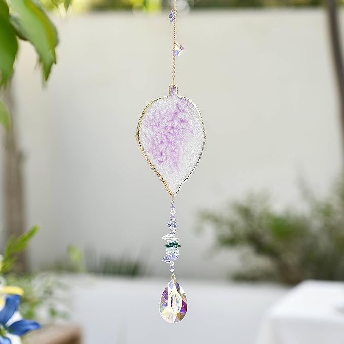 Hanging Crystal Suncatcher, Sun Catchers Indoor Window, Leaf-Shaped Crystal Hanging Ornament, Hanging Crystals for Decoration, Birthday Gift (Purple)