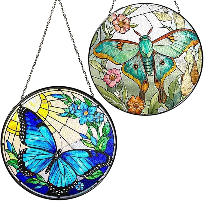 2 Stained Glass 7.8" Butterfly Stained Glass Suncatcher, Butterfly Sunflowers Stained Glass Suncatcher Art, Art Decor for Home Garden Housewarming, Gift for Pet Animal Nature Floral Lovers