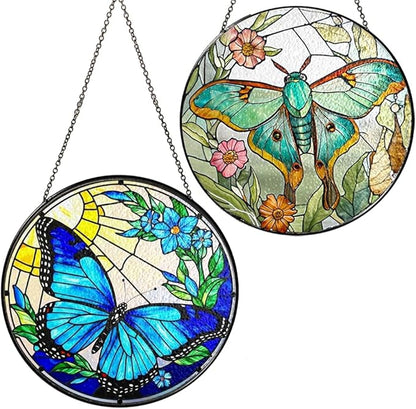 2 Stained Glass 7.8" Butterfly Stained Glass Suncatcher, Butterfly Sunflowers Stained Glass Suncatcher Art, Art Decor for Home Garden Housewarming, Gift for Pet Animal Nature Floral Lovers