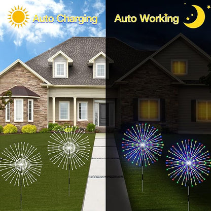 Outdoor Solar Garden Lights,Firework Lights 4 Pack Waterproof Decorative Pathway Lights,120Led Firefly Lights Solar Outdoor Decor for Courtyard Garden Party Yard Decorations Outdoor,Colorful