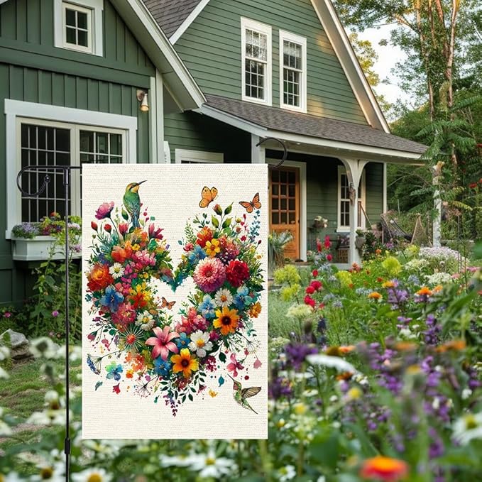 Colorful Floral Love Hearts Garden Flag 12x18 Inch Double Sided Small Burlap Birds Flowers Butterflies Outdoor Decorations Spring Summer Garden Flags Patio Yard Outside Decor