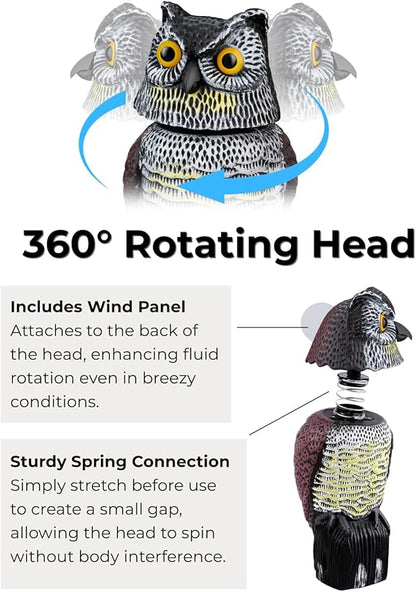 Garden Fake Owl Sculpture with 360° Rotating Head, Waterproof Outdoor Statue for Garden Yard Patio Balcony Roof