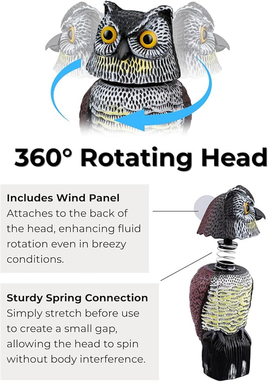 Garden Fake Owl Sculpture with 360° Rotating Head, Waterproof Outdoor Statue for Garden Yard Patio Balcony Roof