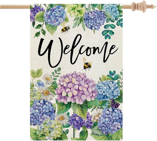 CROWNED BEAUTY Spring House Flag Floral Hydrangea Double Sided 28x40 Inches Large Burlap Welcome Holiday Seasonal Yard Decoration for Outside Porch CF1751-40