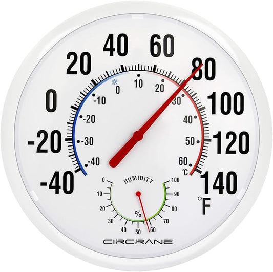Circrane 13.25 Inch Round Thermometer with Hygrometer, Large Indoor Wall Patio Bimetal Weather Thermometer, No Battery Required, White