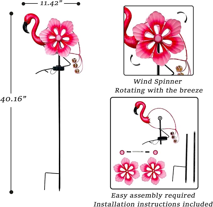 Solar Wind Spinner with Metal Sculpture Garden Stake Flamingo Decor Multi-Color LED Lights for Outdoor Yard Lawn & Garden Decoration
