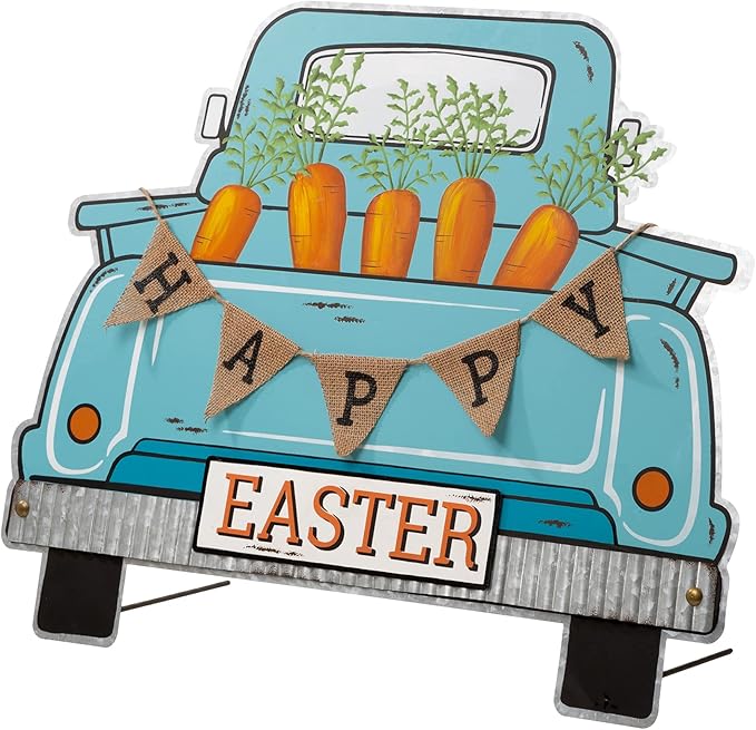 Glitzhome 26"H Easter Metal Truck Yard Stake Standing Lawn Garden Patio Outdoor Sign Wall Decor