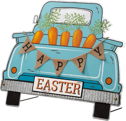 Glitzhome 26"H Easter Metal Truck Yard Stake Standing Lawn Garden Patio Outdoor Sign Wall Decor