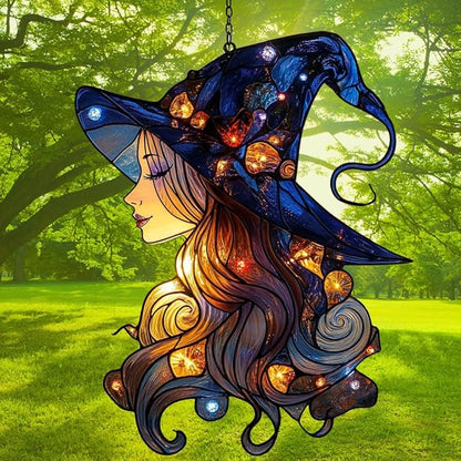 Beautiful Witch Acrylic Suncatcher Stained Glass Effect Window Car Hanging Christmas Ornament Indoor Outdoor Decor Garden Sun Catcher Panel for Wicca Lover for Women Mom Grandma