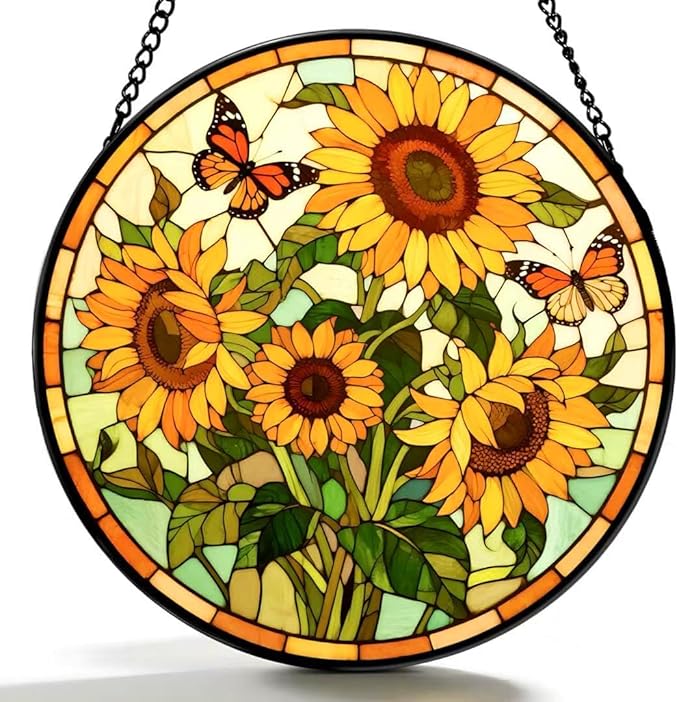 Funoasis Stained Glass Window Hanging 6.3 Inches Suncatcher - Two Butterflies are Flying On The Sunflower Ornaments Sun Catcher Home Decor Women Birthday