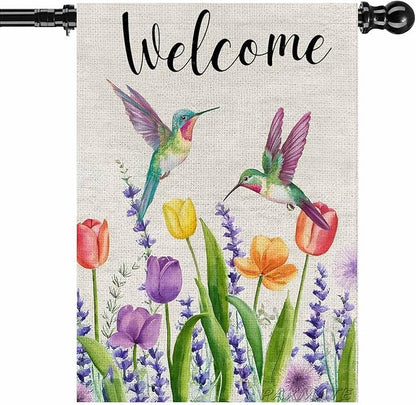 Welcome Hummingbird Spring Flowers House Flag Large Burlap 28x40 Inch Double Sided Outside Yard Holiday Outdoor Farmhouse Decoration