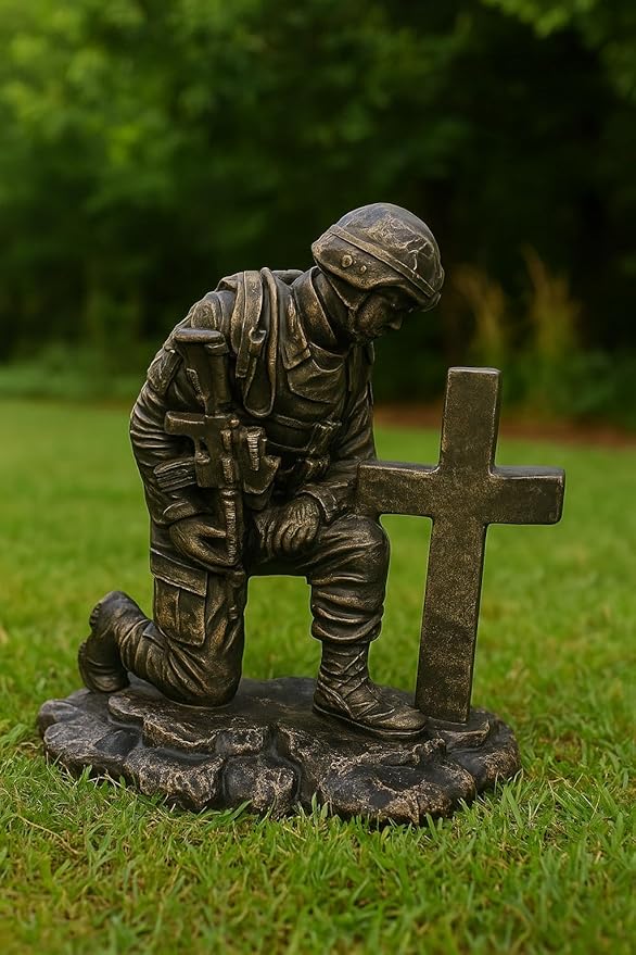 Soldier at Cross Concrete Statue – 22" H x 20" W x 11" D – Military Memorial Garden Statue – Outdoor Patriotic Decor – Made in USA – 71 lbs- Autumn Brown Stain Color