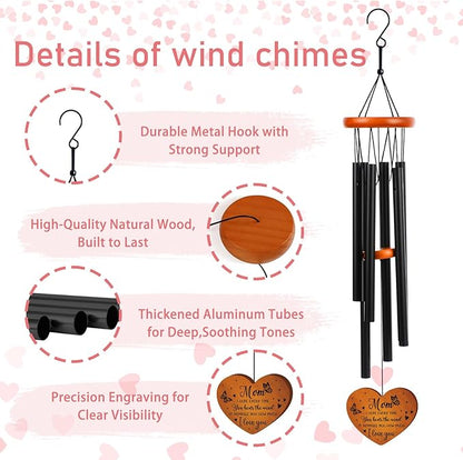 Mom Gifts Wind Chimes for Outside – Wind Chimes with Engraved Wooden Pendant for Mother, Mothers Day Birthday for Mom from Daughter Son, Garden Patio Hanging Keepsake Decor