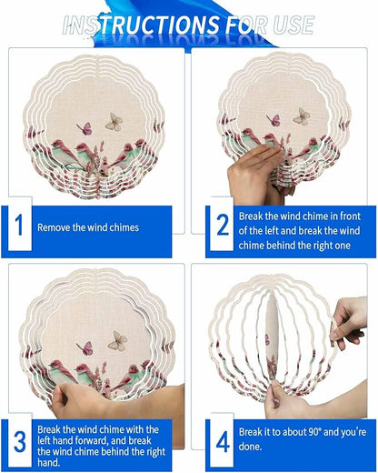 Stainless Steel Wind Spinner for Yard Garden Decoration, Red Bird Flower Floral Butterfly Vintage Summer Round Wind Sculpture Spinner 3D Crafts Hanging Ornaments for Indoor Outdoor, 8 Inch