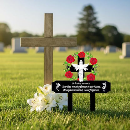 Jesus Grave Decorations for Cemetery - Metal Memorial Stake with 5 Red Roses - Sturdy Thickened Remembrance Plaque, Religious Cemetery Markers for Graveside, Mother’s Day (Jesus)