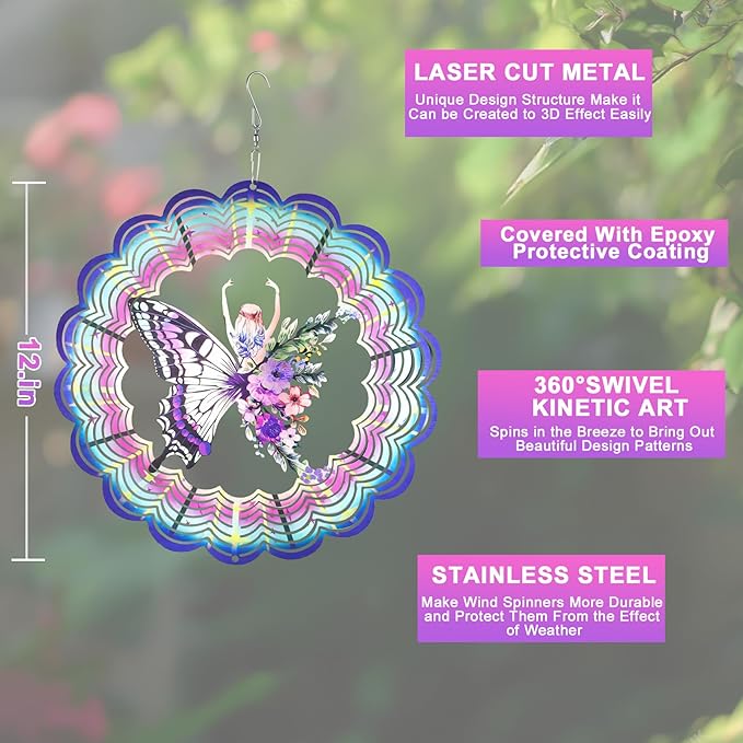 Wind Spinner Mandala 12 inch 3D Stainless Steel Laser Cut Metal Art Geometric Pattern Hanging Wind Spinner (Butterfly)