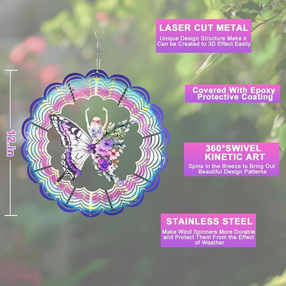 Wind Spinner Mandala 12 inch 3D Stainless Steel Laser Cut Metal Art Geometric Pattern Hanging Wind Spinner (Butterfly)