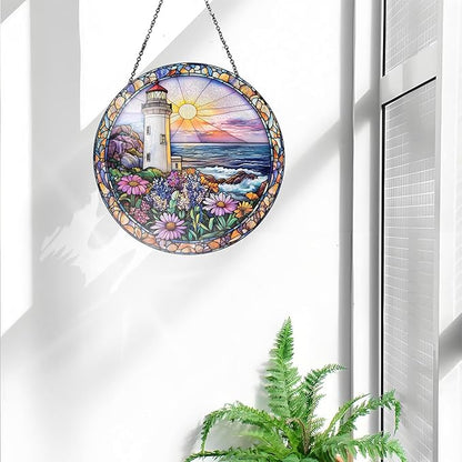 Bimkole Lighthouse Stained Glass Suncatcher Window Hanging - Flower Scenery Indoor Window or Doorway Decoration - Handmade Sun Catcher Decor for Garden Home Christmas & Birthday Gifts 7.87x7.87 inch