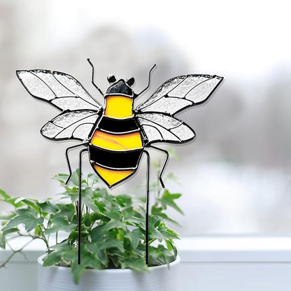 Bee Garden Stake Decor, Stained Glass Indoor Window Suncatcher Home Decor Yard Art Ornaments Gifts for Bee Lover Mom Teacher Indoor Outdoor Lawn Pathway Patio Plant Pot Flower Bed