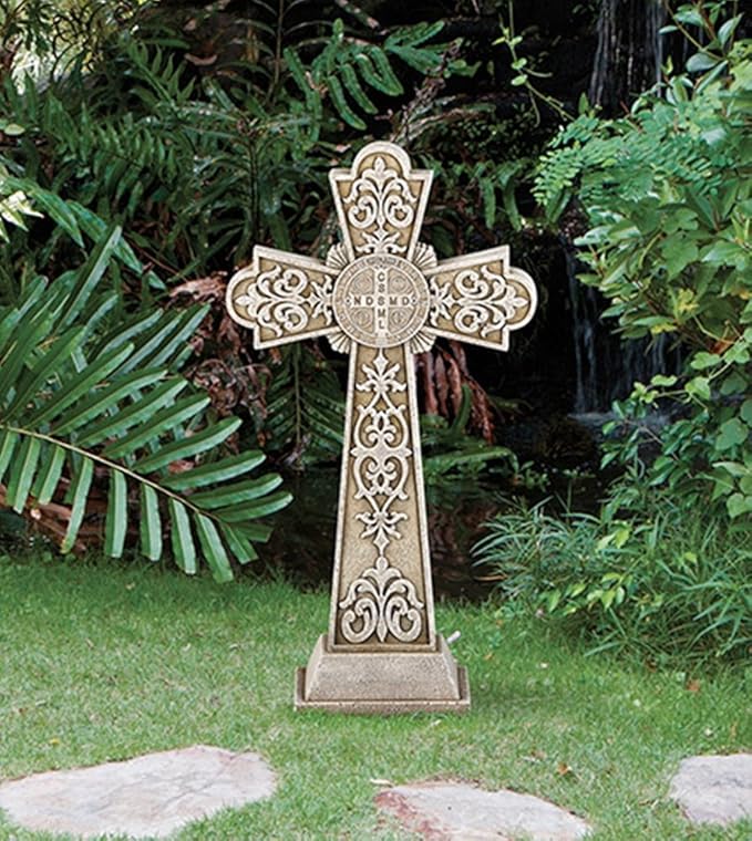 Avalon Gallery Saint Benedict of Nursia Stoneresin Garden Cross Statue, 24 Inch