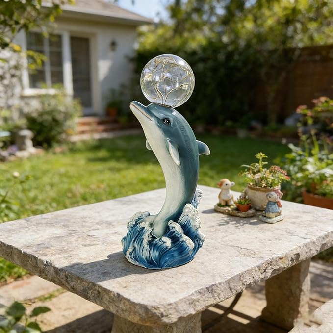 Solar Statue Outdoor,Dolphin Statue with Solar Globe Lights - Ideal Gifts for Dad, Mom or Birthdays, Beautifully Crafted Outdoor Garden Decorations to Wow Your Guests (Dolphin)