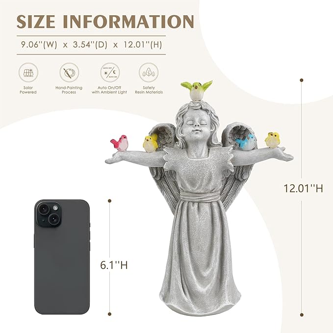 Angel Garden Statue with 5 Birds Solar Lights, Resin Cherub Figurine Outdoor Decor for Garden Porch Yard, Gift for Women Mothers Day Birthday Housewarming