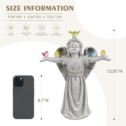 Angel Garden Statue with 5 Birds Solar Lights, Resin Cherub Figurine Outdoor Decor for Garden Porch Yard, Gift for Women Mothers Day Birthday Housewarming