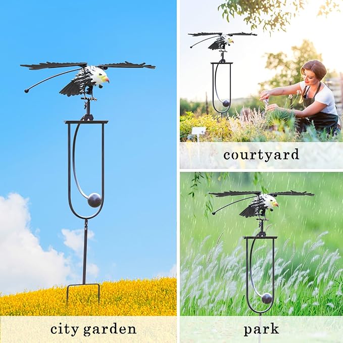 Metal Owl Garden Stake Decor, Owl Garden Rocker Outdoor Metal Owl Sculpture, Kinetic Owl Decorative Garden Stakes for Outdoor Garden Lawn Yard (Eagle)
