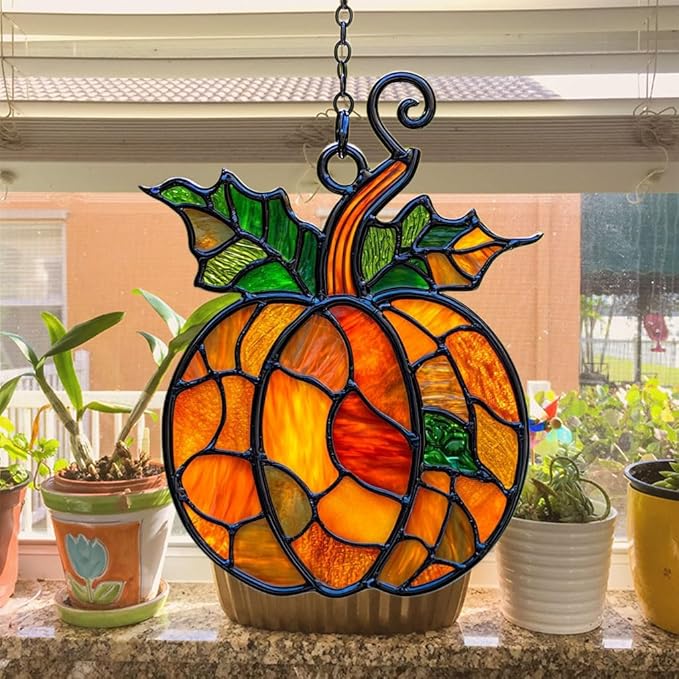 Pumpkin Acrylic Suncatcher Stained Glass Effect Window Car Hanging Christmas Ornament Indoor Outdoor Decor Garden Sun Catcher Panel for Acrylic Suncatcher Lover for Women Mom Grandma