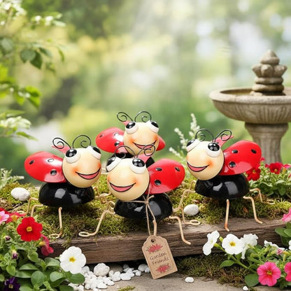 Cruis Cuka Metal Yard Art Garden Decor for Outside Cute Red Ladybugs Lawn Patio Ornaments Backyard Decorations Garden Gifts for Mom - Set of 4