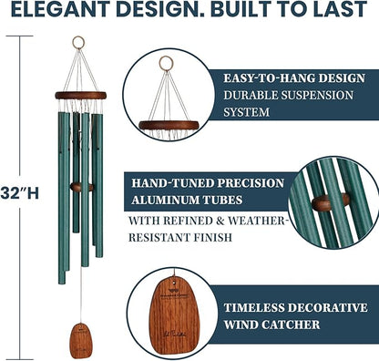 Woodstock Wind Chimes for Outside, Garden, Patio, Porch and Outdoor Decor (32") Pachelbel Canon Chime Green Wind Chime Gifts (PCCG)