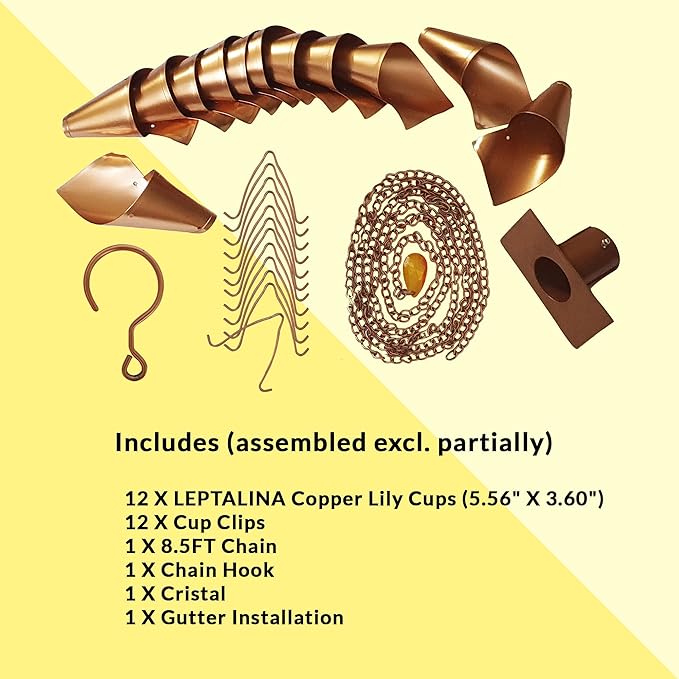 8.5FT Rain Chains for Drain Gutter Through Downspouts and Rain Barrel with Rain Chain Gutter Adapter - Outdoor Rust-Resistant Plated Iron and Thick Chain Garden Décor (Copper-Lily)